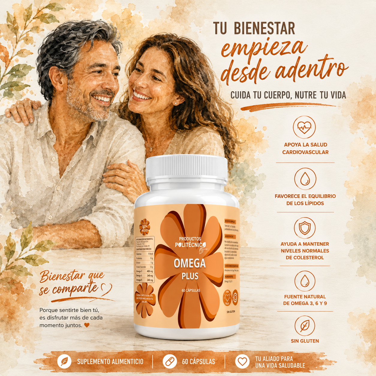 Omega 3 6 9 EPA DHA Aceite Pescado Corazón 60 Cápsulas