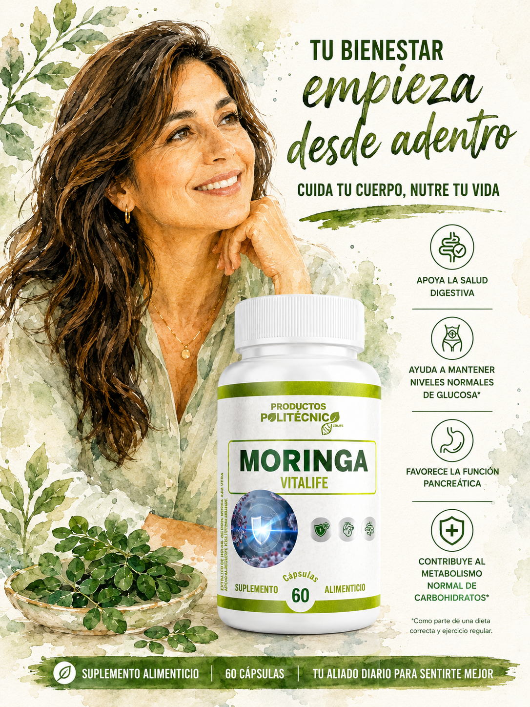 Moringa 100% Pura 60 Cápsulas Energía Defensas Antioxidante